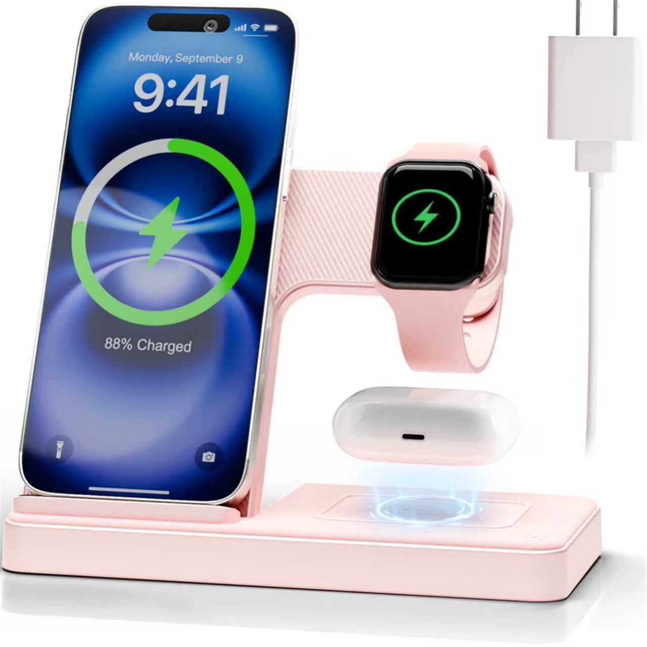 Wireless Charger, Magnetic Fast Charging Stand Compatible with iPhone 16 15 14 13 12 11 Pro Max Plus XS XR X 8, for Apple Watch 9 8 7 6 5 4 3 2 SE, for AirPods 3 2 Pro, 3 in 1 Charging Station, Pink