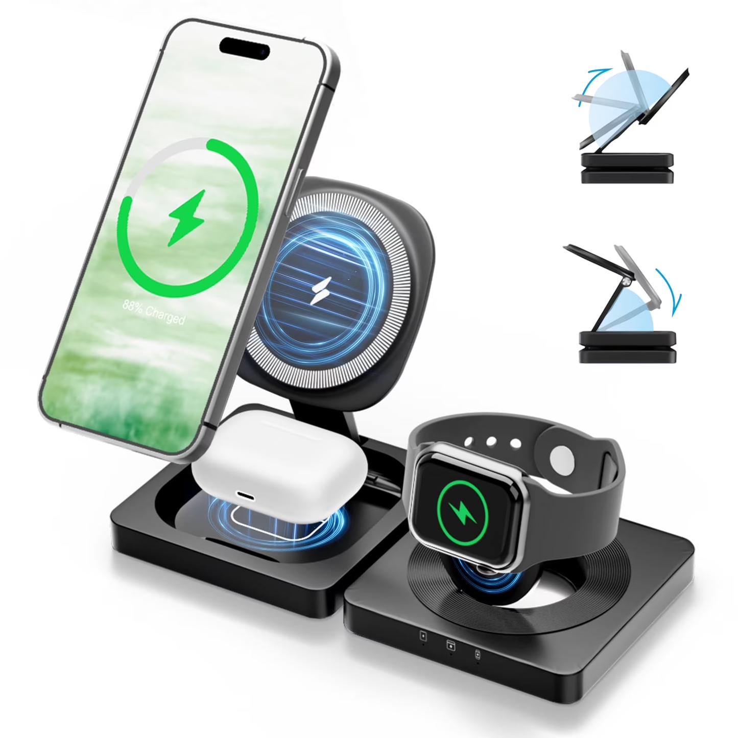 Foldable Magnetic Wireless Charger for iPhone Airpods iWatch: 3 in 1 Charging Station For Apple Multiple Devices - Travel Charging Pad Dock Compatible with Apple 12 and above series