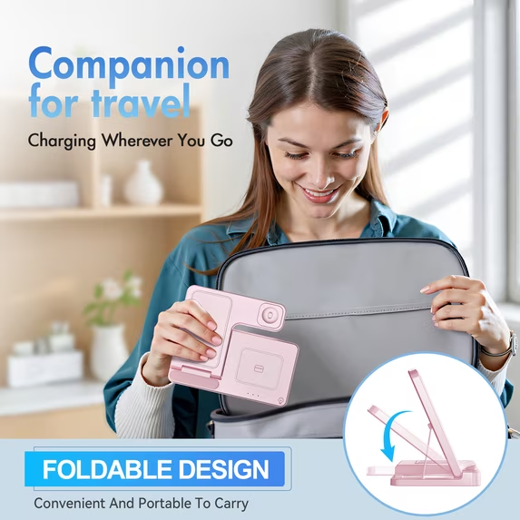 Wireless Charger, Charging station Compatible with iPhone 16 15 14 13 12 11 Pro Max Plus XS XR X 8, for iWatch 9 8 7 6 5 4 3 2 SE, for AirPods 3 2 Pro, 3 in 1 Charging Station, Pink, No Adapter
