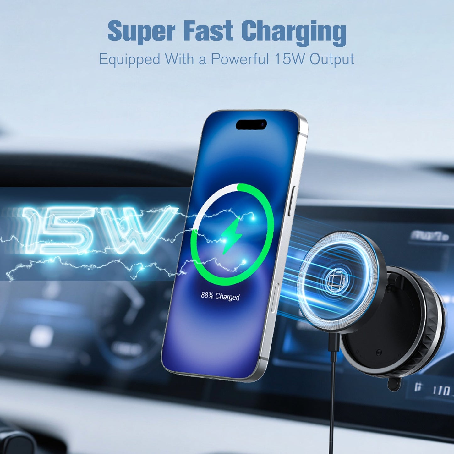 Wireless Car Charger, Ultra Magnetic Phone Holder for Car Dashboard, 15W Charging, Cell Phone Holder Charger, Car Accessories for iPhone 17 16 15 14 13 12 (Black)