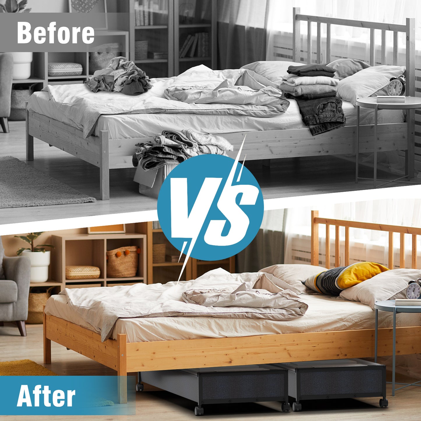 Under Bed Storage with Wheels, Under Bed Storage Containers, Under the Bed Storage Organizer with Clear Lids - Rolling Drawers & Bins for Clothes,Shoes,Toys, 2-Pack (Black)