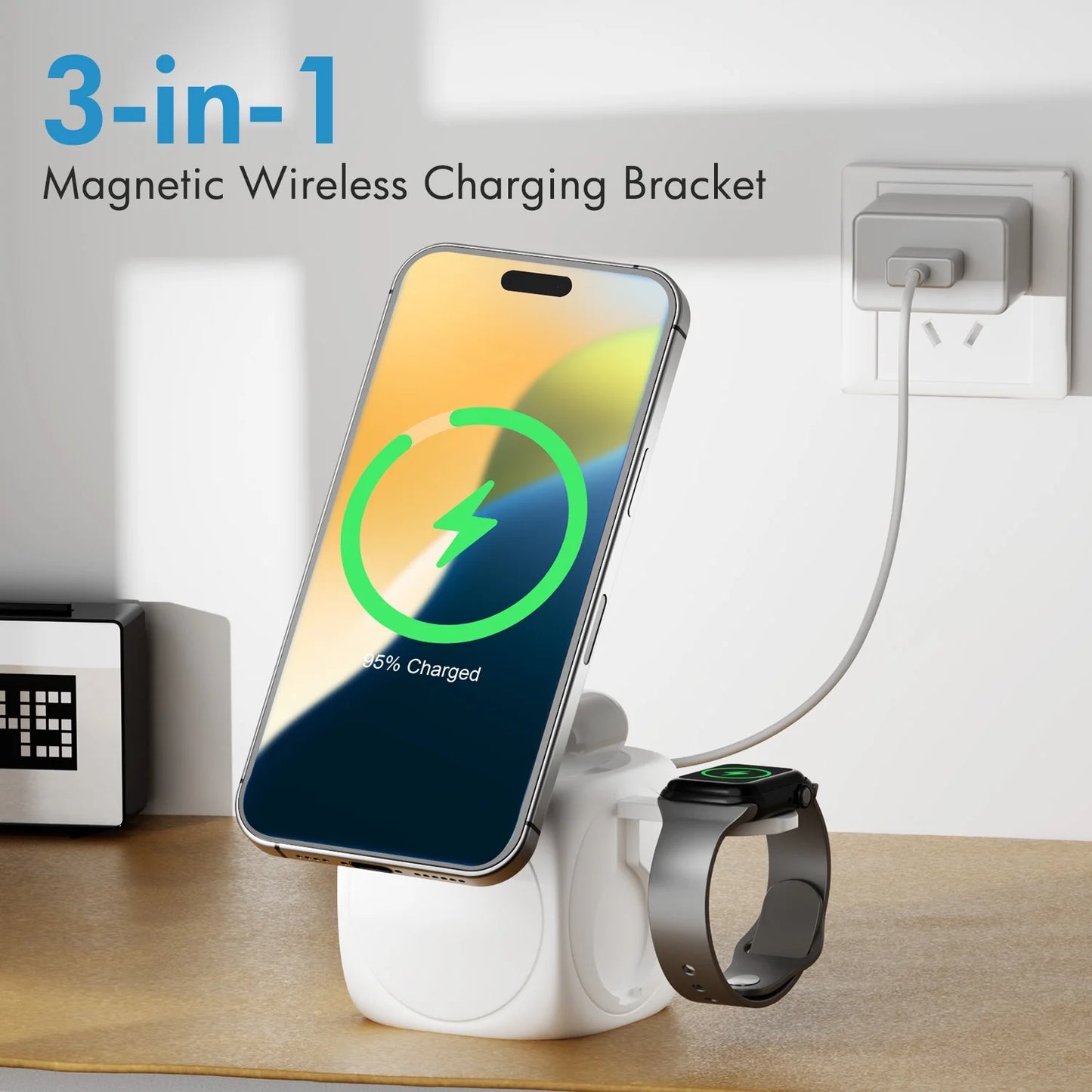 Magnetic Wireless Charger for iPhone Airpods iWatch, Portable 3 in 1 Charging Station Cube For Apple Multiple Devices, Charging Pad Dock Compatible with Apple 12 and above series, White