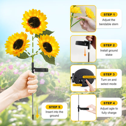 TopZoo Solar Lights Outdoor Garden Decor, 3PCS Three Head Upgraded Glowing Branches with 9 Sunflower Lights, Auto On/Off, Waterproof for Garden, Patio, Yard