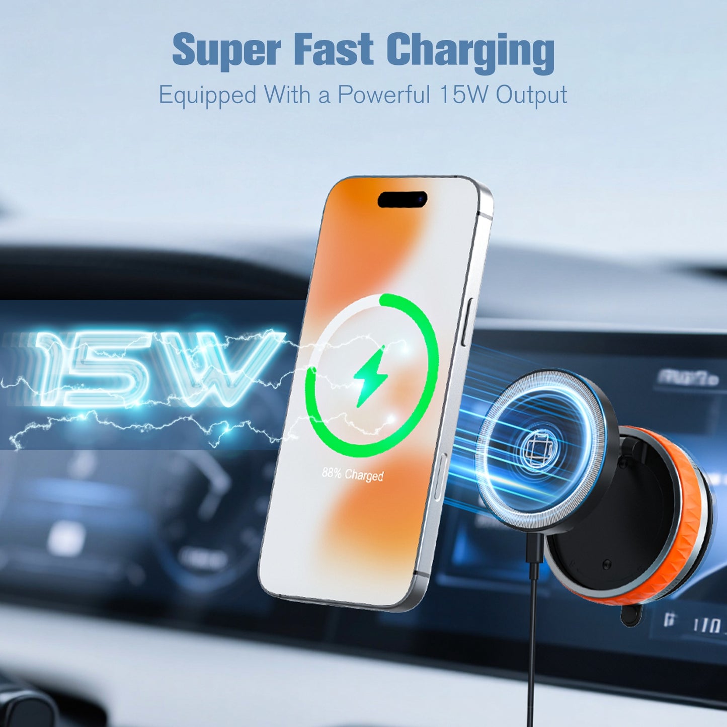 Wireless Car Charger, Ultra Magnetic Phone Holder for Car Dashboard, 15W Charging, Cell Phone Holder Charger, Car Accessories for iPhone 17 16 15 14 13 12 (Orange)