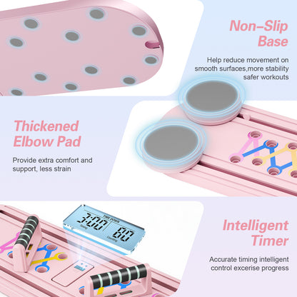 RICAN Foldable Pilates Board, Pilates Reformer Set, 15-in-1 Multifunctional Abdominal Board, Adjustable Push-Up Handles, Full Body Workout Equipment for Home, Pink