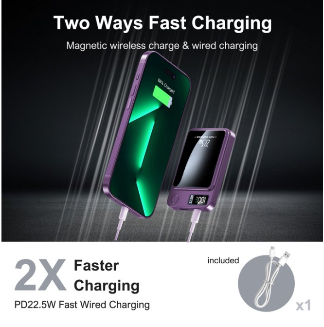 Magnetic Power Bank, 5000mAh Wireless Portable Charger with LED Power Display, 22.5W Fast Charging Phone Battery Bank, 2 in 1 Outdoor Travel Emergency Backup Battery Pack, Purple