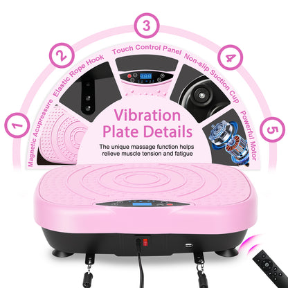 RICAN Vibration Plate Exercise Machine with Bluetooth, Resistance Bands, Loop Bands & Remote Control for Weight Loss Fat Burner, Pink