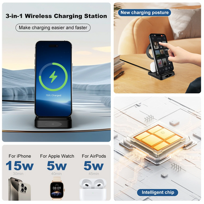 Magnetic Wireless Charger(with Adapter) for iPhone & Airpods & Apple Watch: 3 in 1 Charging Station for Apple Multiple Devices,Black