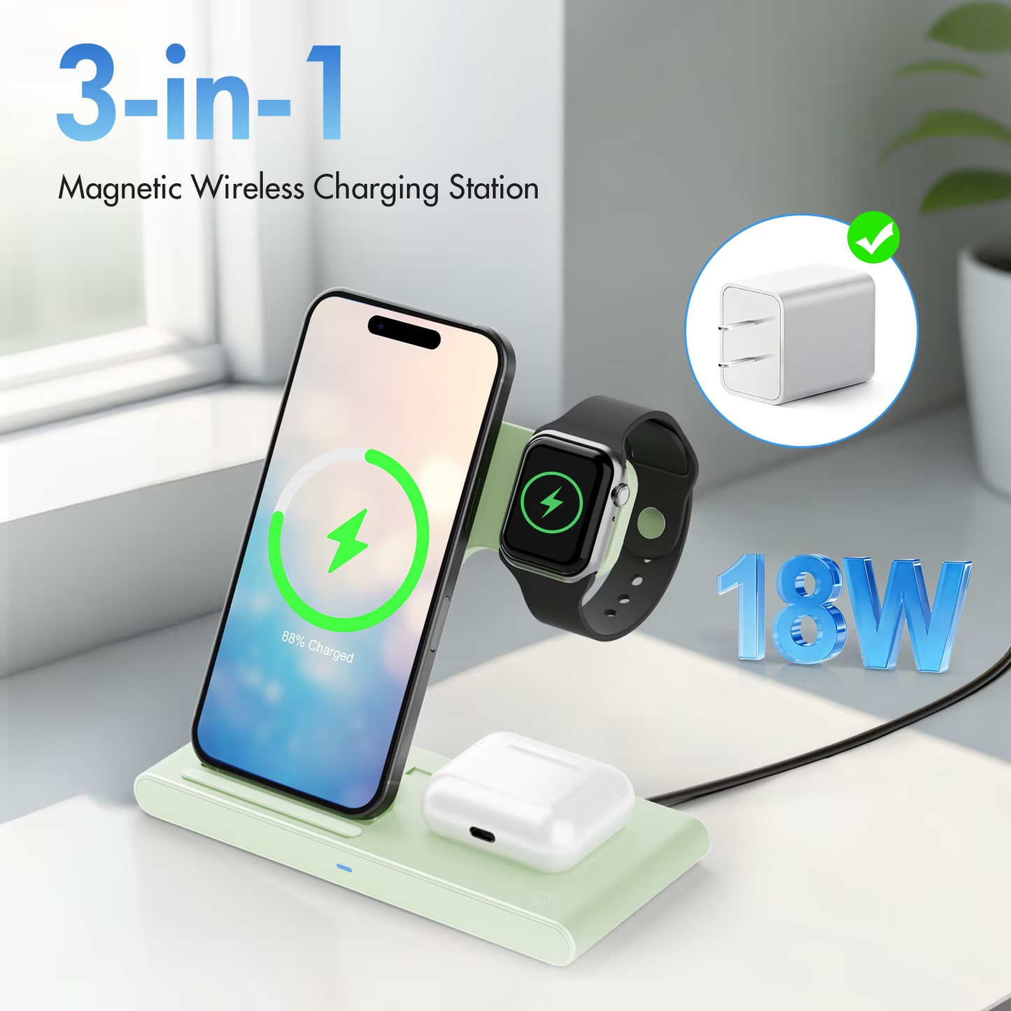 Wireless Charger,3in1 Charging Station Compatible for iPhone,Wireless Charger Stand Compatible for Apple Watch,iPhone 17 16 15 14 13 12 11 Pro Max Mini Plus SE X XS 8 Plus& AirPods,Green