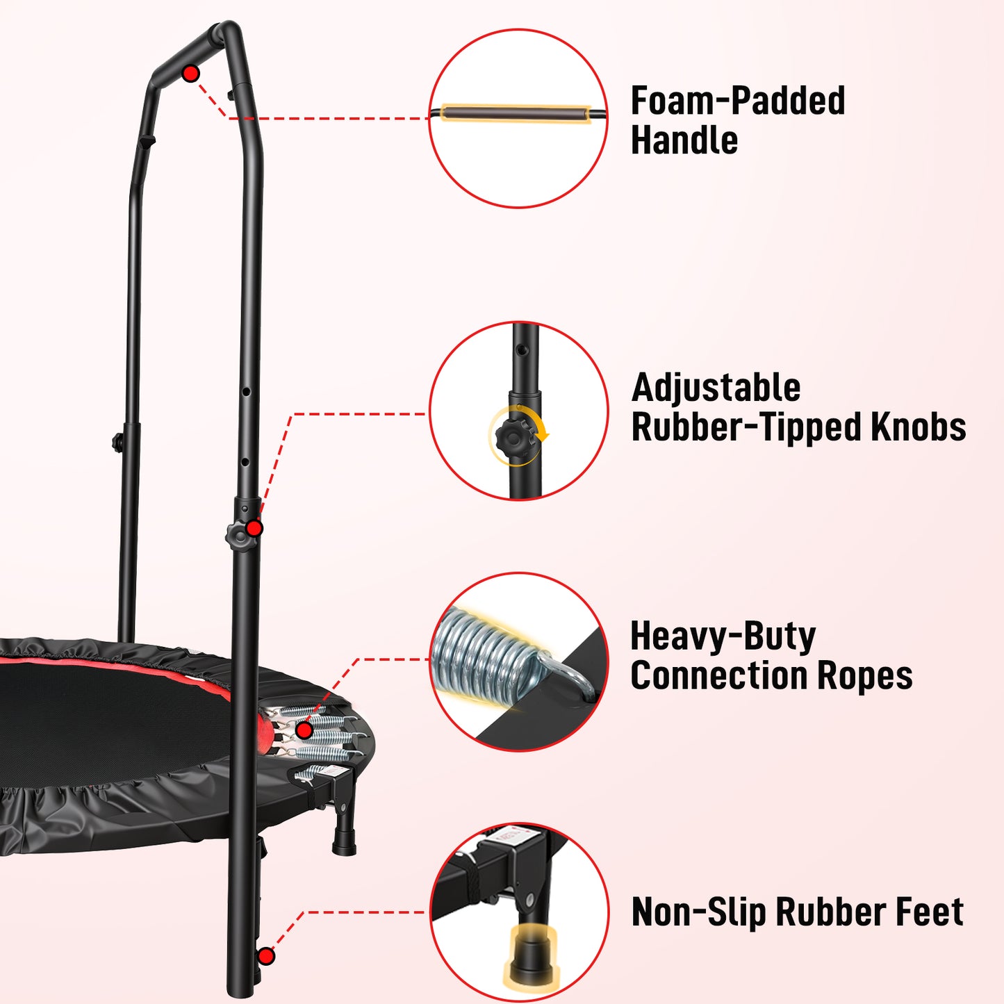 40" Foldable Mini Trampoline with Handle, 716 lbs High Capacity Fitness Rebounder for Home Gym, Quiet Bungee System Indoor Outdoor Jumping Exercise for Adults Kids
