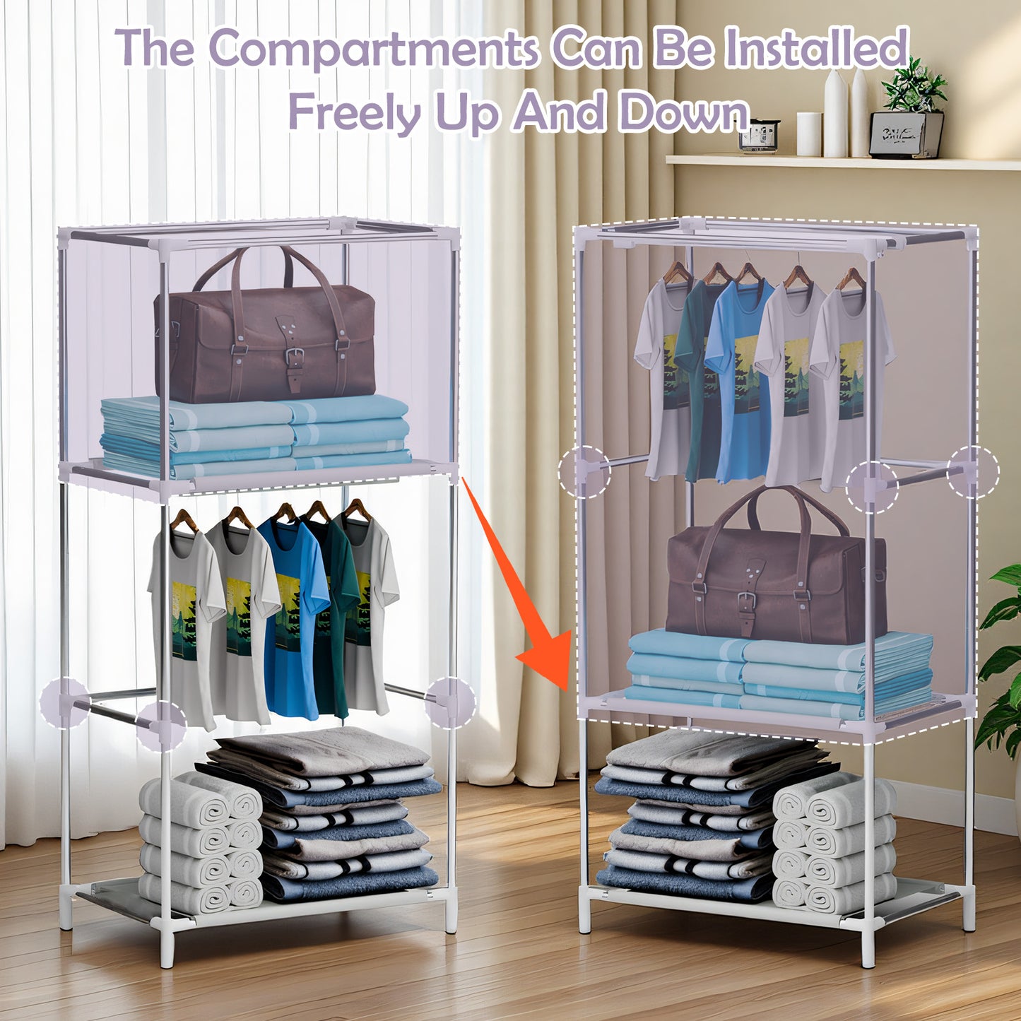 Portable Closet Organizers and Storage with Hanging & Folding Sections, Space-Saving Wardrobe Closet Organizer, Full-Cover Dustproof Hanging Clothing Rack for Bedroom, Apartment, Dorm, Black
