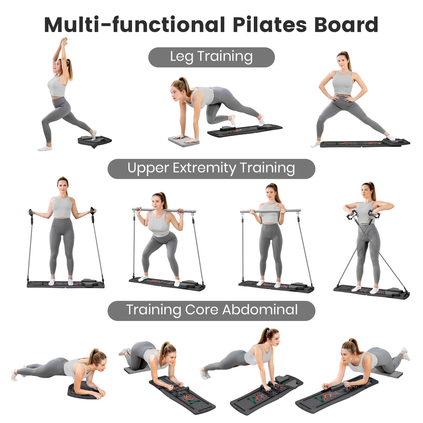 RICAN 7 in 1 Foldable Pilates board, Pilates Reformer Set with 330LBS, Portable Home Pilates for Women Workout, Fitness, Exercise, Abs, Black