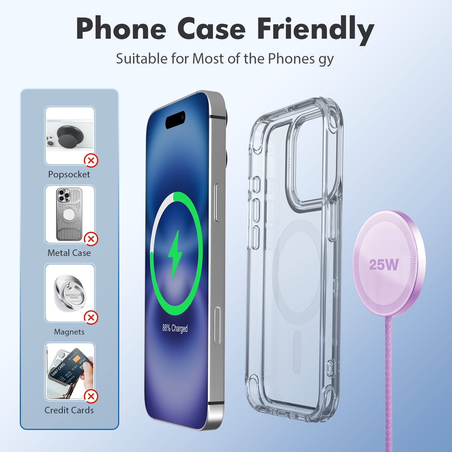 25W Magnetic Wireless Charger, Magsafe Fast Charging Pad, iPhone 17 16 15 14 13 12 Pro Max, Slim Portable Phone Charger, Light Violet