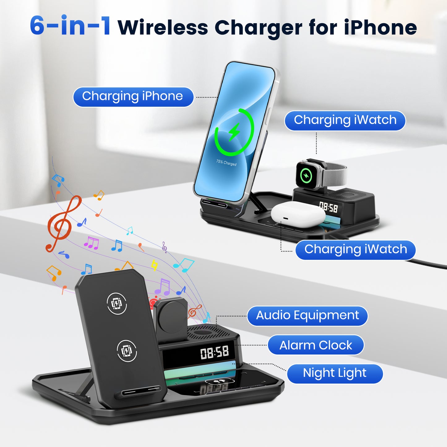 Wireless Charger for iPhone 17 16 15 14 13 12, 6 in 1 Charging Station for iWatch Series for AirPods 4 3 2 with Clock,Bluetooth,Ambient Light
