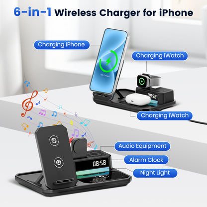 Wireless Charger for iPhone 17 16 15 14 13 12, 6 in 1 Charging Station for iWatch Series for AirPods 4 3 2 with Clock,Bluetooth,Ambient Light