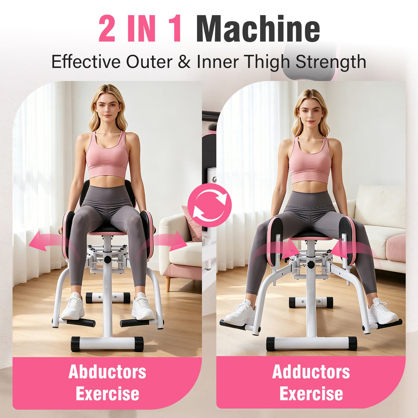 RICAN Hip Abductor Machine for Women, 2-in-1 Compact Glute & Thigh Trainer, Adjustable Resistance Inner Thigh Toner and Outer Thigh Sculptor, Booty Builder for Home Leg Workout Equipment ¨C Pink/White