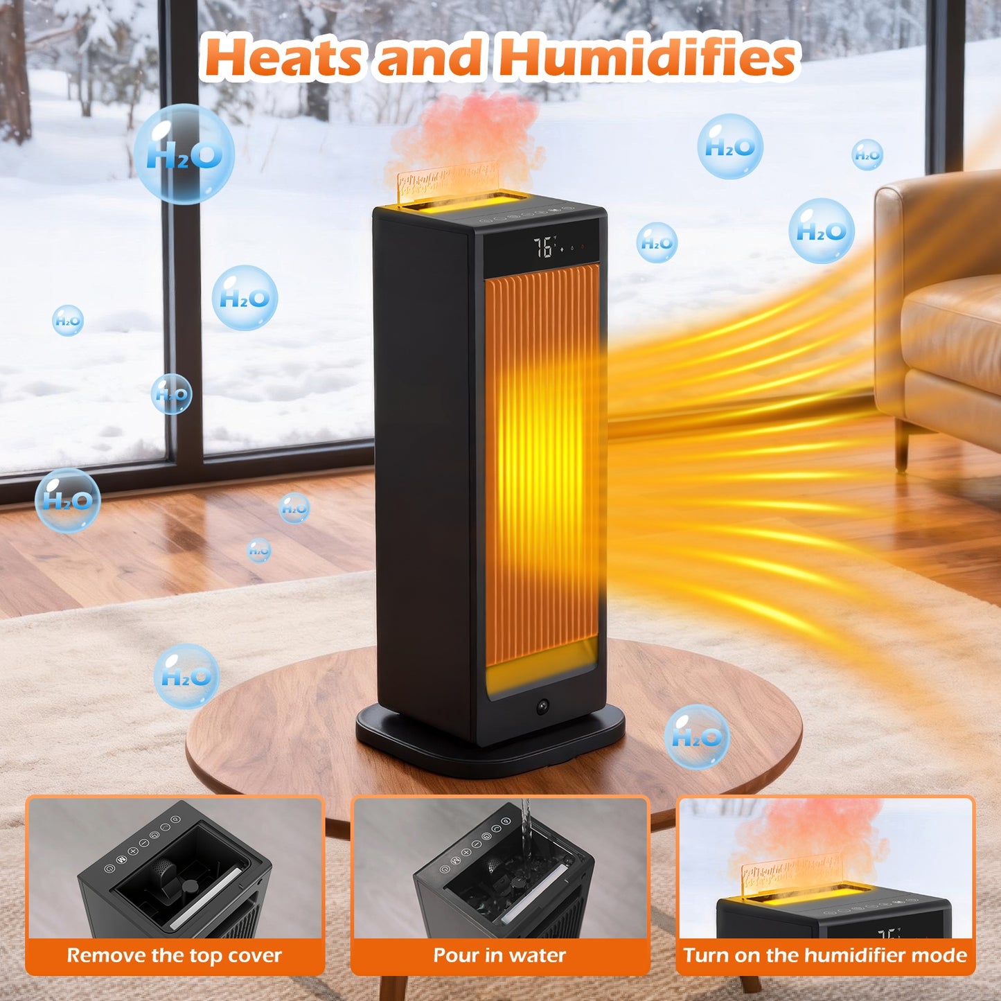1500W Portable Space Heater for Inside with Humidifier, 3 Heating Modes Ceramic Heating Tabletop Electric Heater for Indoor Use with 180° Oscillation and 12-Hour Timer for Bedroom Office Home