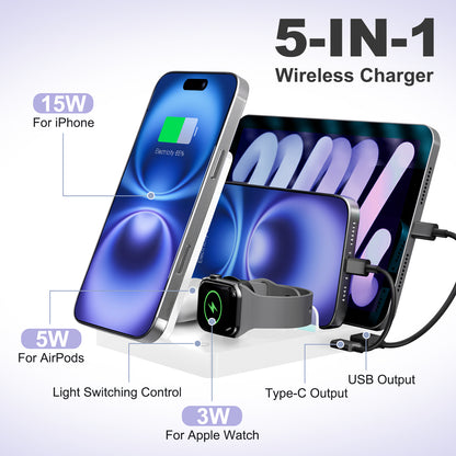 15W Charging Station, 5 in 1 Magnetic Wireless Charger Compatible with iPhone 17 16 15 14 13 12 Series, Charging Dock Compatible with AirPods 4 3 2 1, for iWatch, for iPad, White
