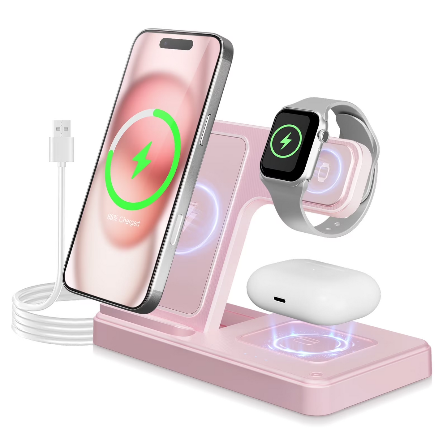 Wireless Charger for iPhone,3 in 1 Wireless Charging Station for iPhone 17 16 15 14 13 12 11 Pro Max Plus XS XR X 8,for iWatch 9 8 7 6 5 4 3 2 SE,for AirPods 3 2 Pro,Pink,No Adapter