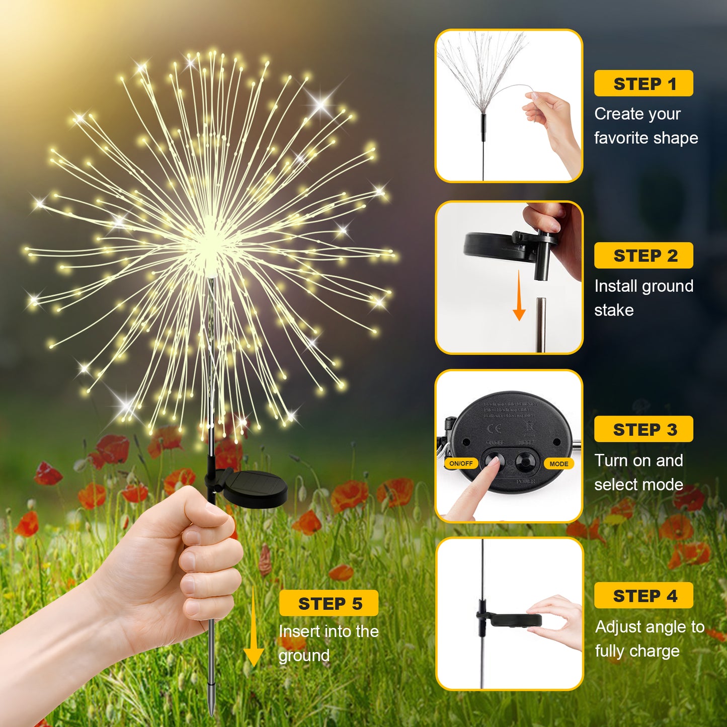 RICAN Solar Garden Lights Outdoor Decorative, 4 Pack Firework Garden Stake Lights Solar Powered, DIY Bendable Copper Wire Waterproof for Garden, Yard, Patio, Flower Bed, Chiristmas Decor