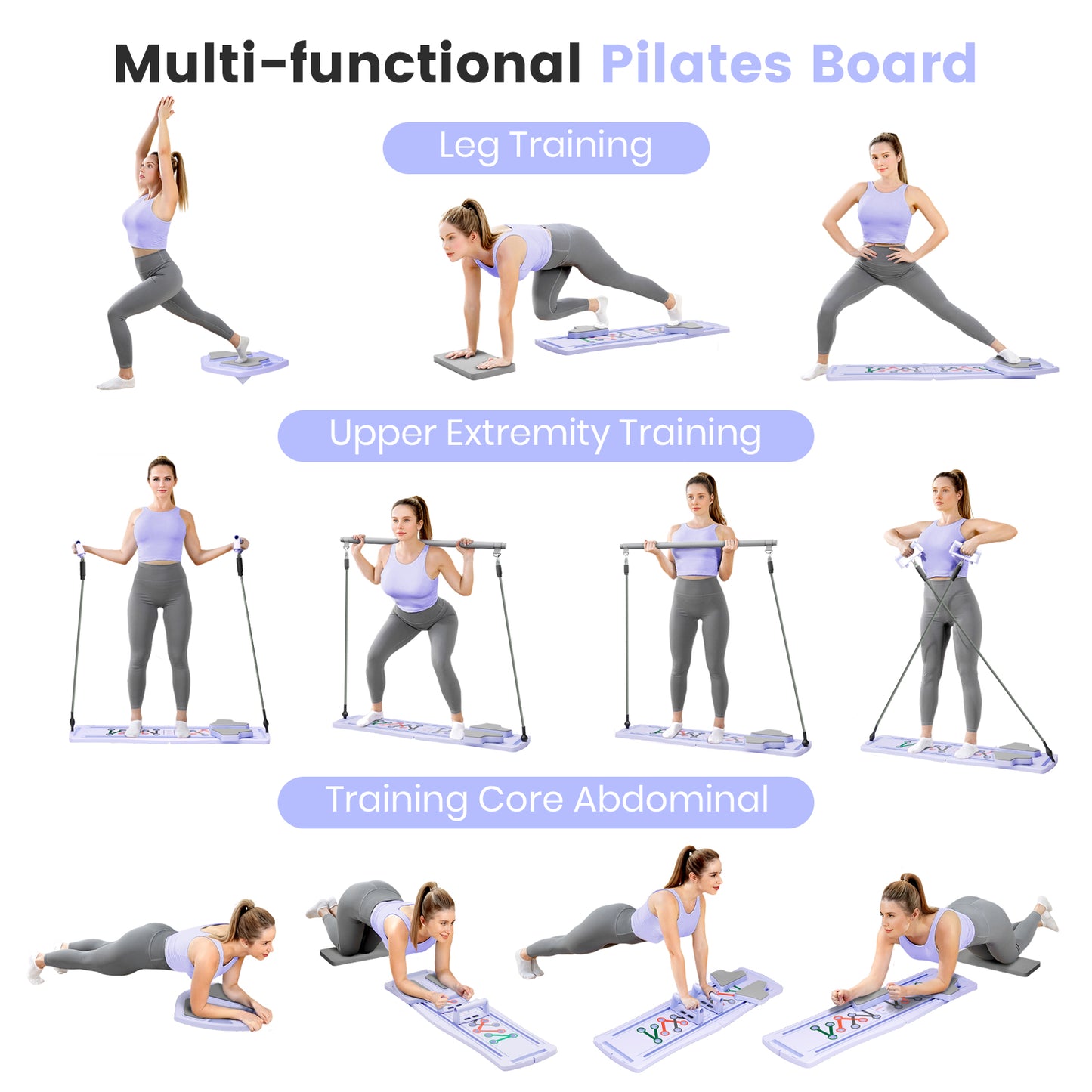 RICAN 7 in 1 Foldable Pilates board, Pilates Reformer Set with 330LBS, Portable Home Pilates for Women Workout, Fitness, Exercise, Abs, Purple