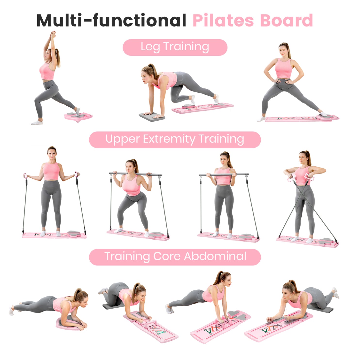 RICAN 7 in 1 Foldable Pilates board, Pilates Reformer Set with 330LBS, Portable Home Pilates for Women Workout, Fitness, Exercise, Abs, Pink