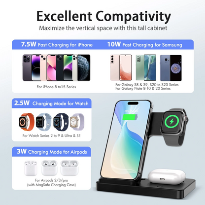 Wireless Charger Station for iPhone16 15 14 13 12 11 8 XS XR & Samsung Galaxy, 3 in 1 Charging Station for AirPods 3 2 Pro & iWatch Series ,Magnetic Wireless Charger Black
