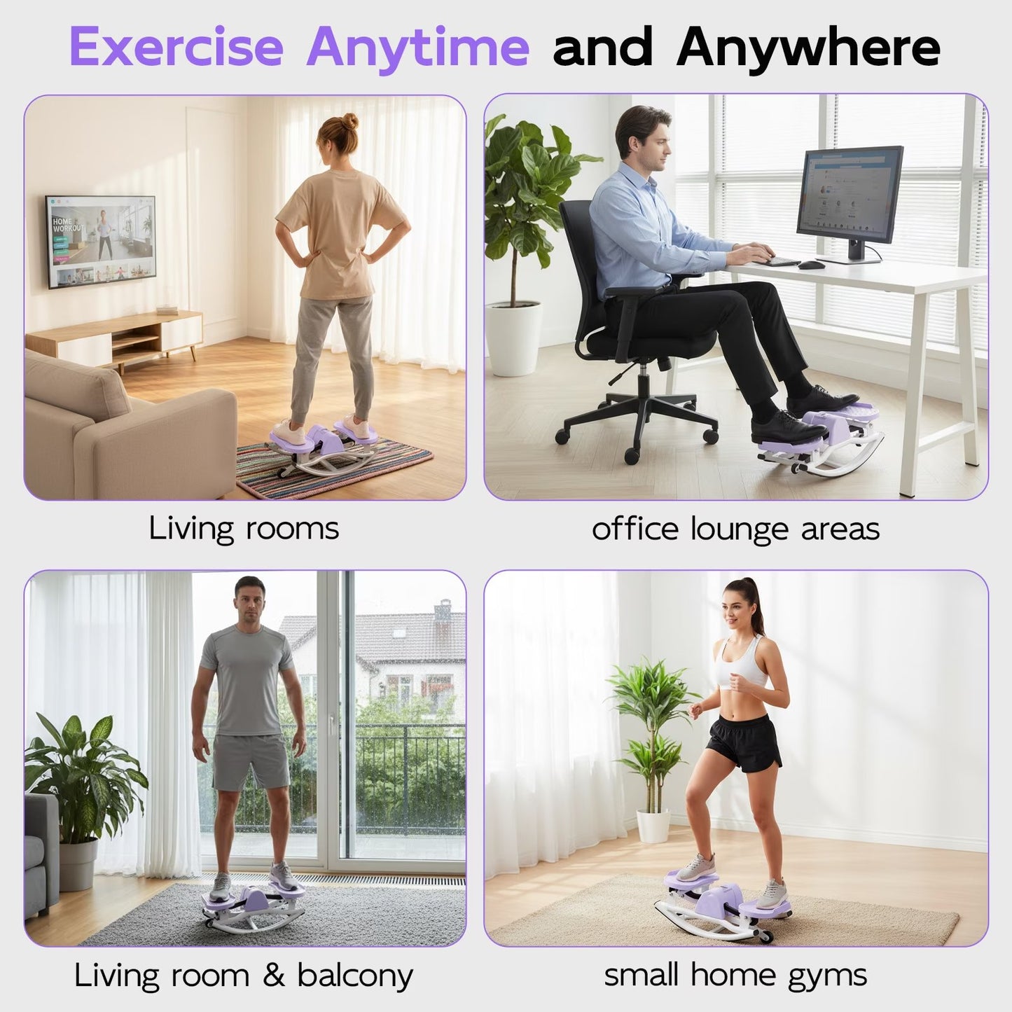 RICAN Smart Lateral Rocking Fitness Stepper, Low-Impact Portable Exercise Stepper ,Rock Stepper Machine with Digital Monitor, Resistance Bands & Floor Mat, Purple
