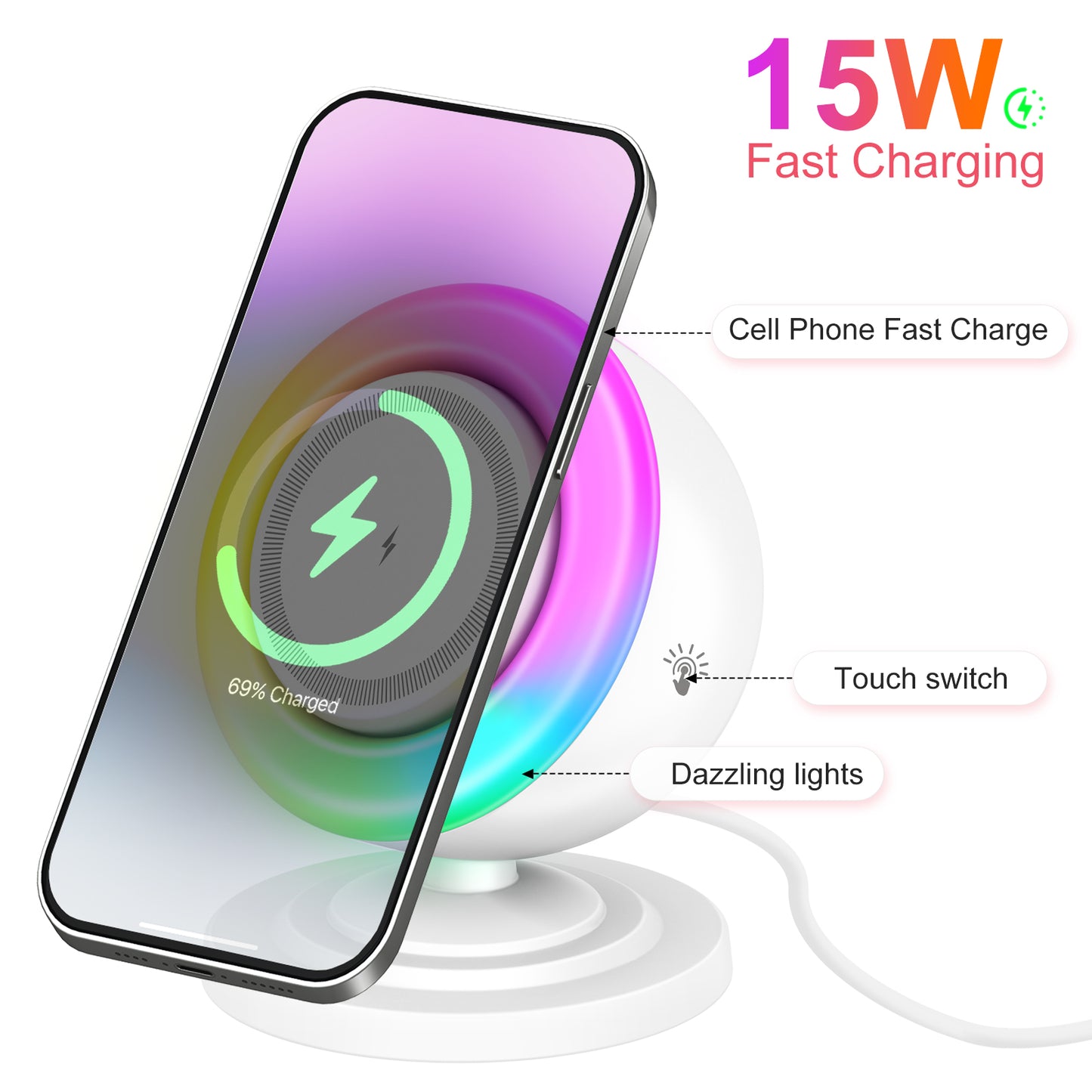 Wireless Charger for iPhone Samsung Huawei,Magnetic Charging Station with Bluetooth speaker and RGB light, Travel Charging Station Compatible with Apple 12 and above series, White