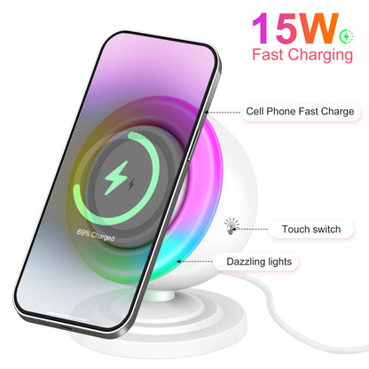 Wireless Charger for iPhone Samsung Huawei,Magnetic Charging Station with Bluetooth speaker and RGB light, Travel Charging Station Compatible with Apple 12 and above series, White