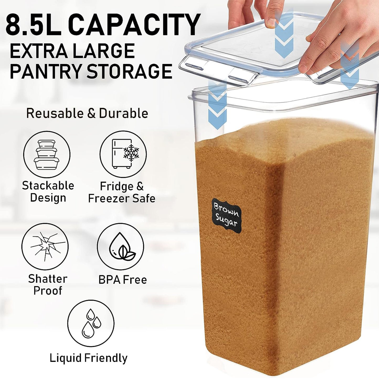 8.5L/287Oz Airtight Cereal Container Flour Storage with Lids, Extra Large Food Storage Containers Pantry with Measuring Cups, Chalkboard Labels and Marker for Kitchen Organization, 2 Pack