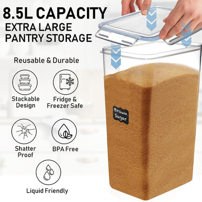 8.5L/287Oz Airtight Cereal Container Flour Storage with Lids, Extra Large Food Storage Containers Pantry with Measuring Cups, Chalkboard Labels and Marker for Kitchen Organization, 2 Pack