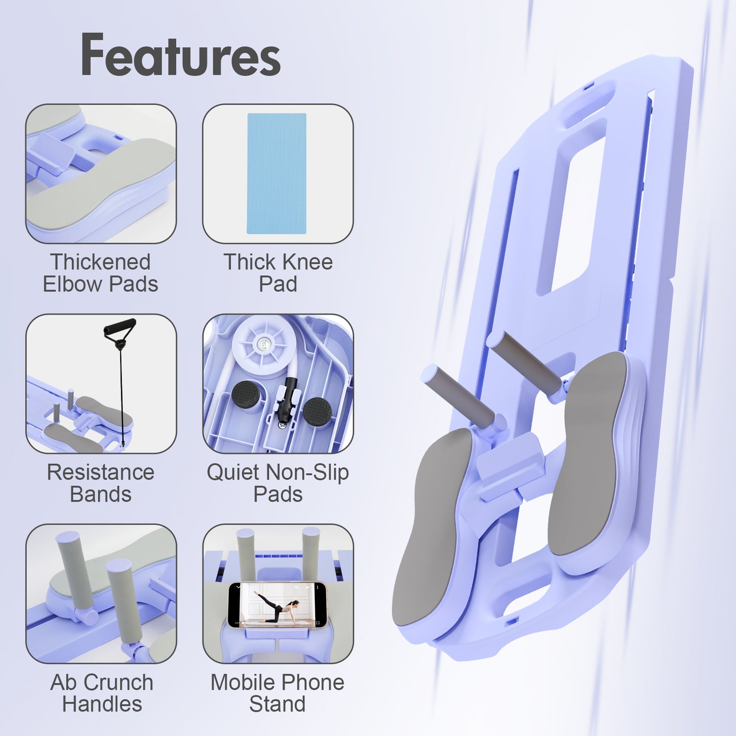 Rican Pilates Board, Foldable Ab Board, Multifunctional Abdominal Board for Home, 300 lbs Abs Workout Equipment with Knee Pad, Portable Pilates Reformer for Full Body Workout, Purple