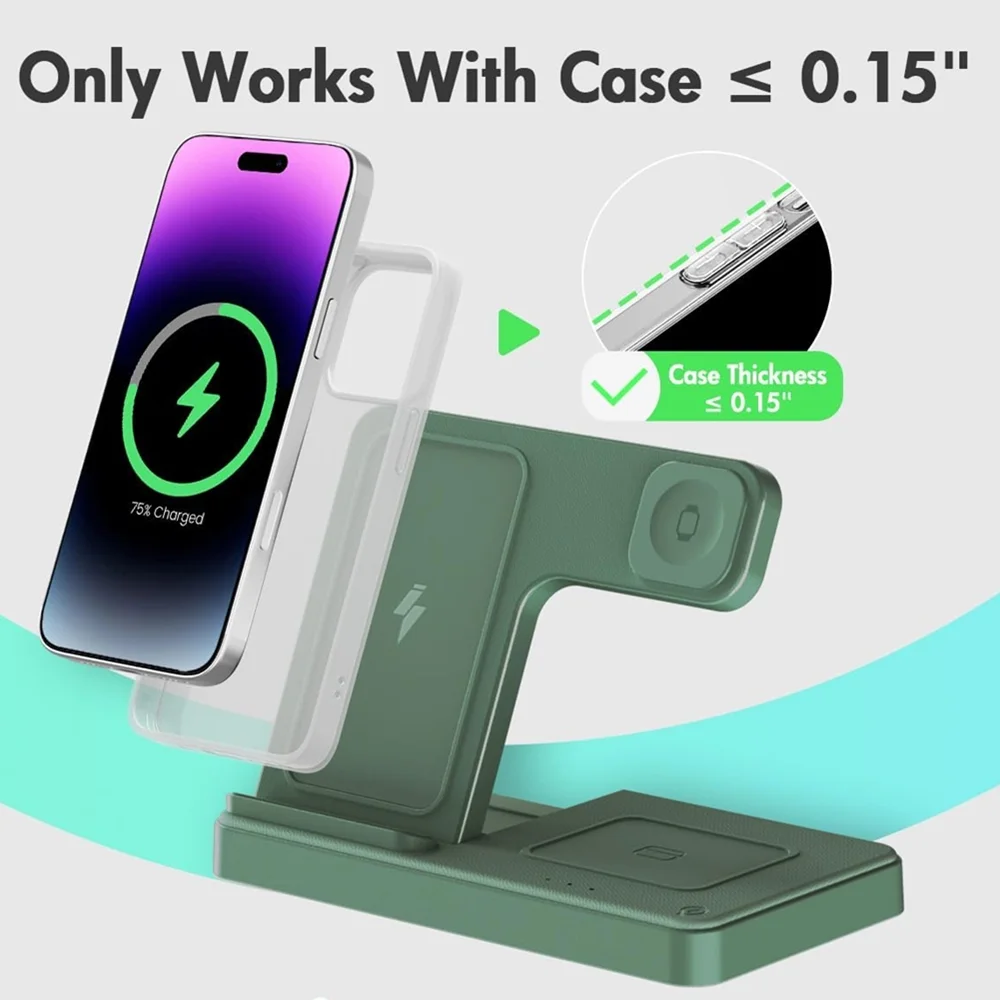 Wireless Charger for iPhone,3 in 1 Wireless Charging Station for iPhone 17 16 15 14 13 12 11 Pro Max Plus XS XR X 8,for iWatch 9 8 7 6 5 4 3 2 SE,for AirPods 3 2 Pro,Green,No Adapter