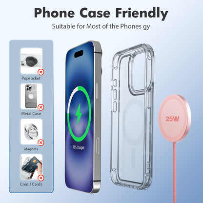 25W Wireless Magnetic Charger, MagSafe Compatible Charging Pad for iPhone 17 16 15 14 13 12 Pro Max, Portable Fast Phone Charger for Travel Bedside, Pink