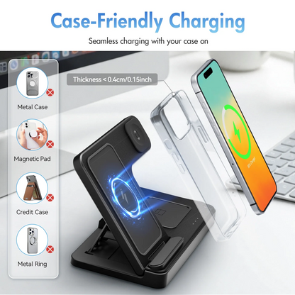 Wireless Charger, Charging station Compatible with iPhone 16 15 14 13 12 11 Pro Max Plus XS XR X 8, for iWatch 9 8 7 6 5 4 3 2 SE, for AirPods 3 2 Pro, 3 in 1 Charging Station, Black, No Adapter