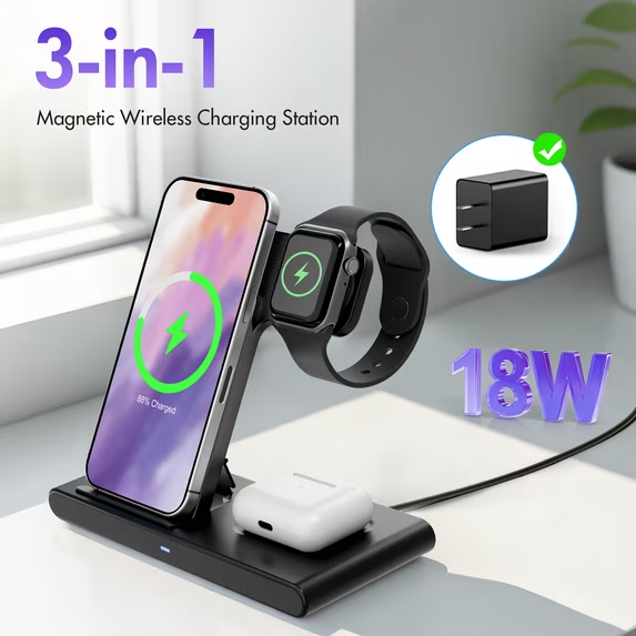 Charging Station,Wireless Charger,Magnetic Fast Charging Stand Compatible with iPhone 17 16 15 14 13 12 11 Pro Max Plus XS XR X 8, for iWatch 9 8 7 6 5 4 3 2 SE,for AirPods 3 2 Pro