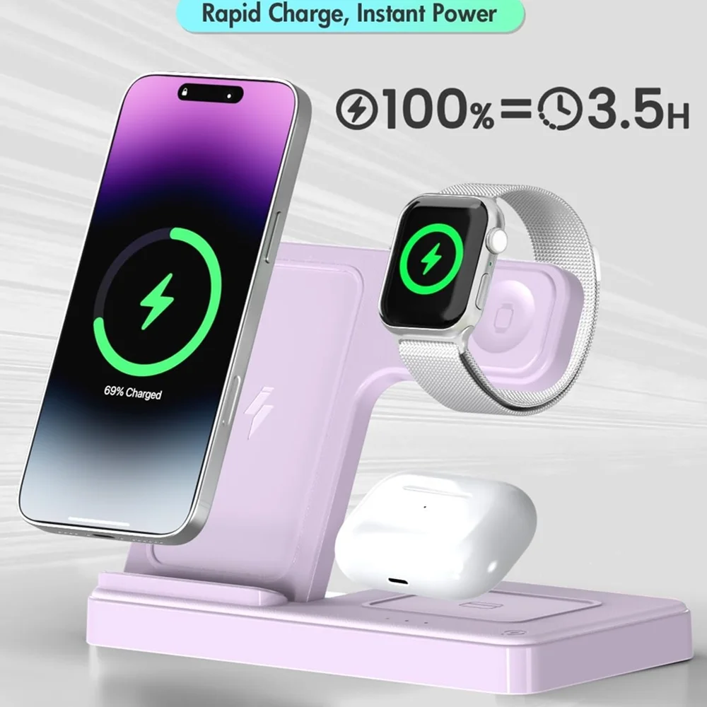 Wireless Charger,3 in 1 Charging Station for iPhone,Fast Wireless Charger Stand Compatible for Apple Watch,iPhone 17 16 15 14 13 12 11 Pro Max Mini Plus SE X XS 8 Plus & AirPods,Purple