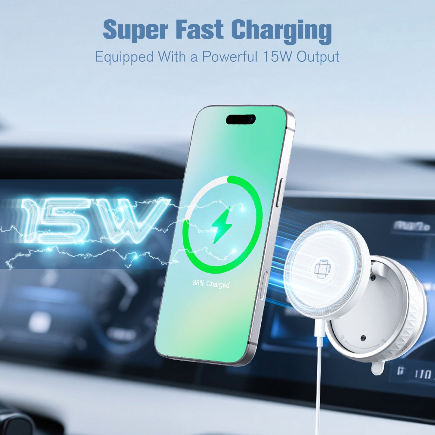Wireless Car Charger, Ultra Magnetic Phone Holder for Car Dashboard, 15W Charging, Cell Phone Holder Charger, Car Accessories for iPhone 17 16 15 14 13 12 (White)