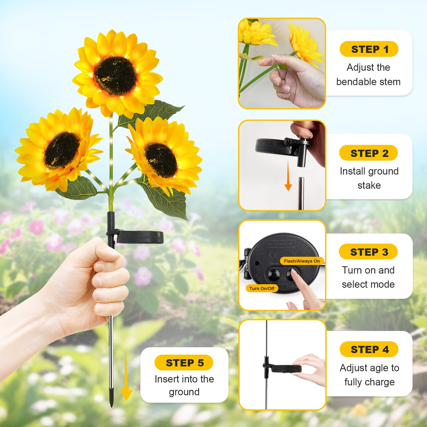 TopZoo Solar Lights Outdoor Garden Decor, 4PCS Solar Garden Stake Lights with 9 Sunflower Lights, Waterproof for Back Yard, Flower Bed, Pathway, Patio, Porch Decoration
