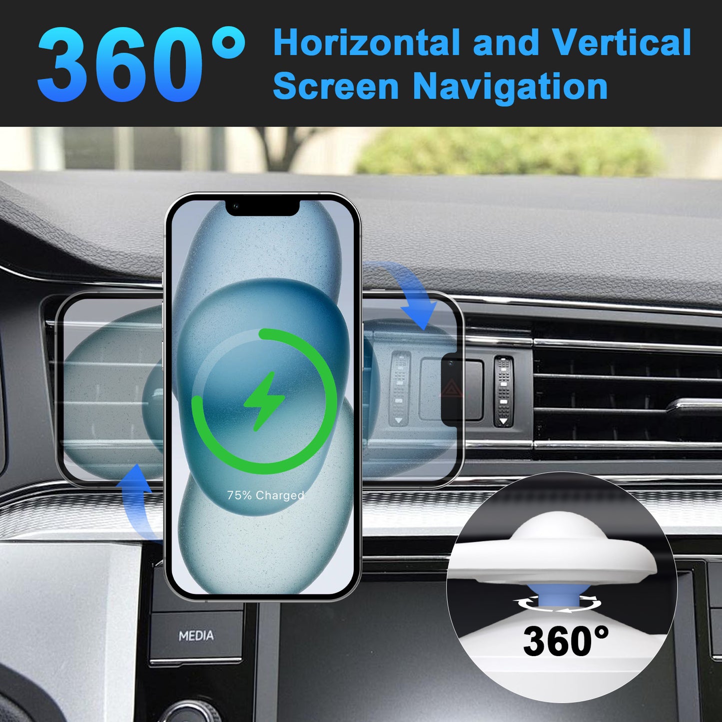 Super Strong Magnetic Car Mount with 15W Fast Wireless Charging, 360¡ã Rotatable and easy to install, durable and study, white