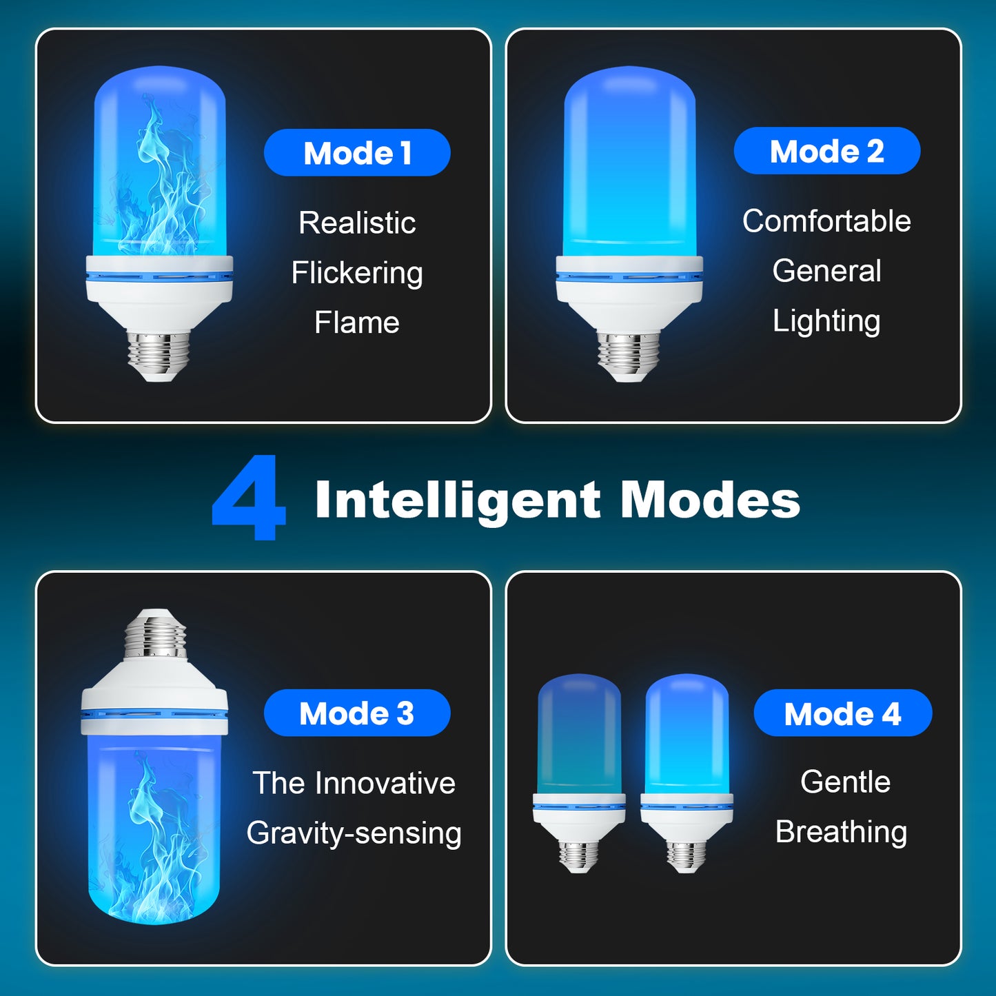 TopZoo Blue LED Light Bulbs 4PCS, Flickering Flame Light Bulbs Upgraded 4 Modes, E26 Base Light Bulbs with Upside Down Effect for Garden Decor, Halloween, Party, Patio, Indoor, Outdoor Decor