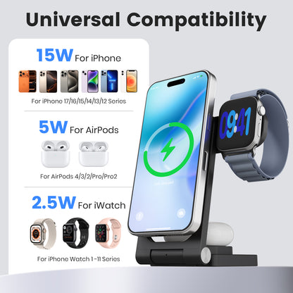 Charging Station, Magnetic Wireless Charger for iPhone 17 16 15 14 13 12, for iWatch, for AirPods 4 3 2, 3 in 1 Charging Pad with Foldable Design, Black
