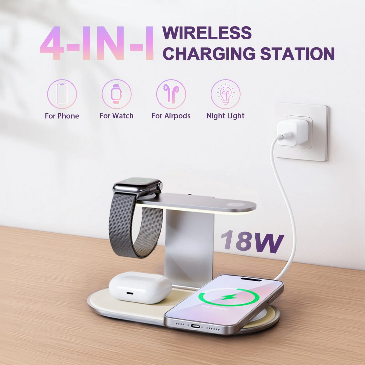4 in 1 Charging Station, MagSafe Wireless Charger with Three Level soft Night Light, 15W Wireles Charging for iPhone
