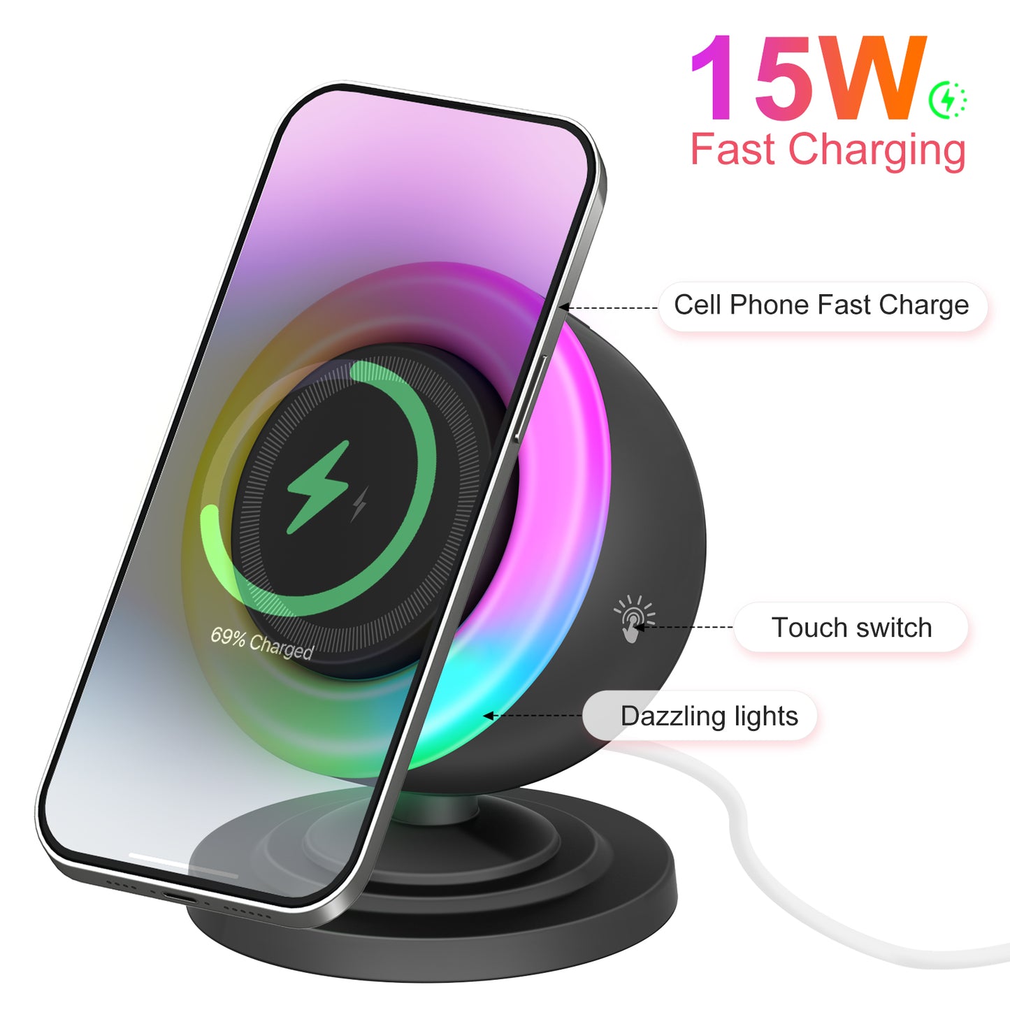 Wireless Charger for iPhone Samsung Huawei,Magnetic Charging Station with Bluetooth speaker and RGB light, Travel Charging Station Compatible with Apple 12 and above series, Black