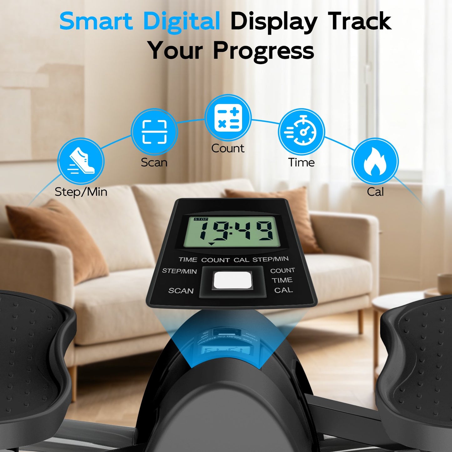 RICAN Smart Lateral Rocking Fitness Stepper, Low-Impact Portable Exercise Stepper with Digital Monitor, Resistance Bands & Floor Mat, Sliver
