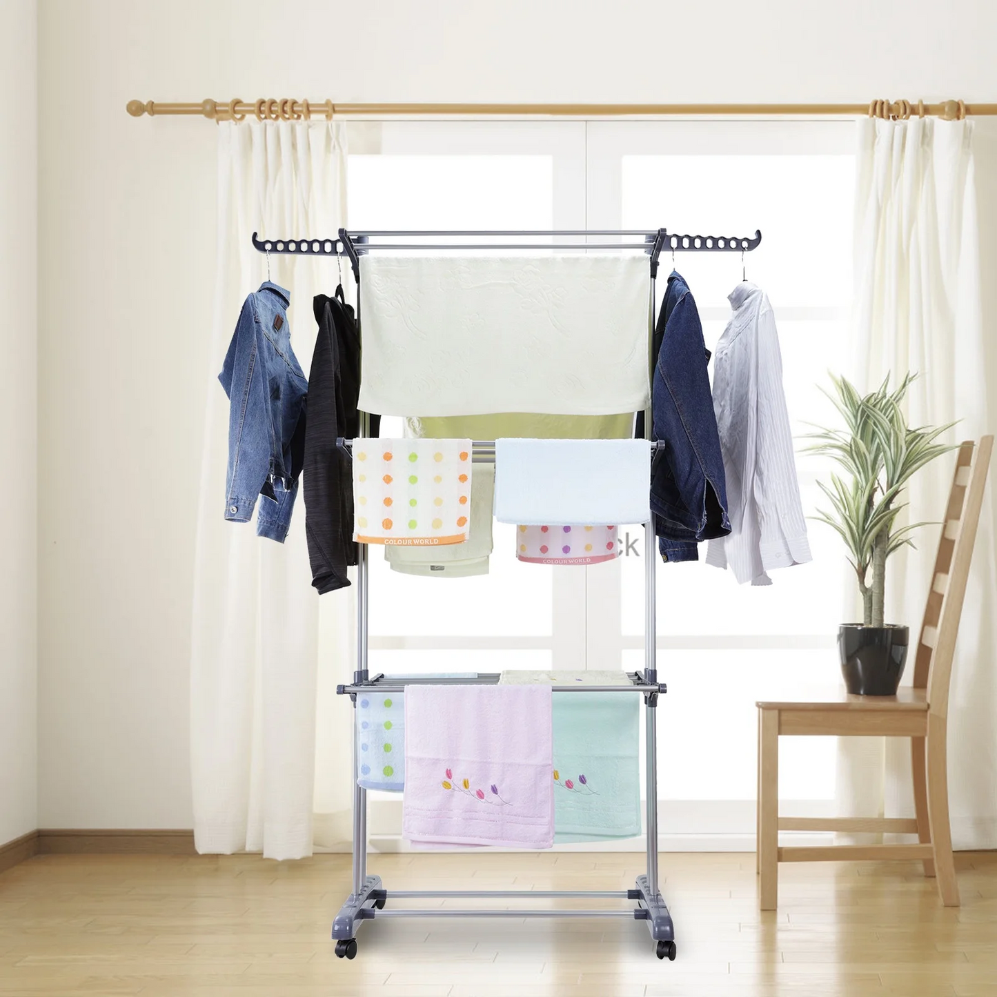 Clothes Drying Rack, 4 Tier Outdoor Laundry Drying Rack, Laundry Drying Rack with Foldable Wings Indoor, Gray
