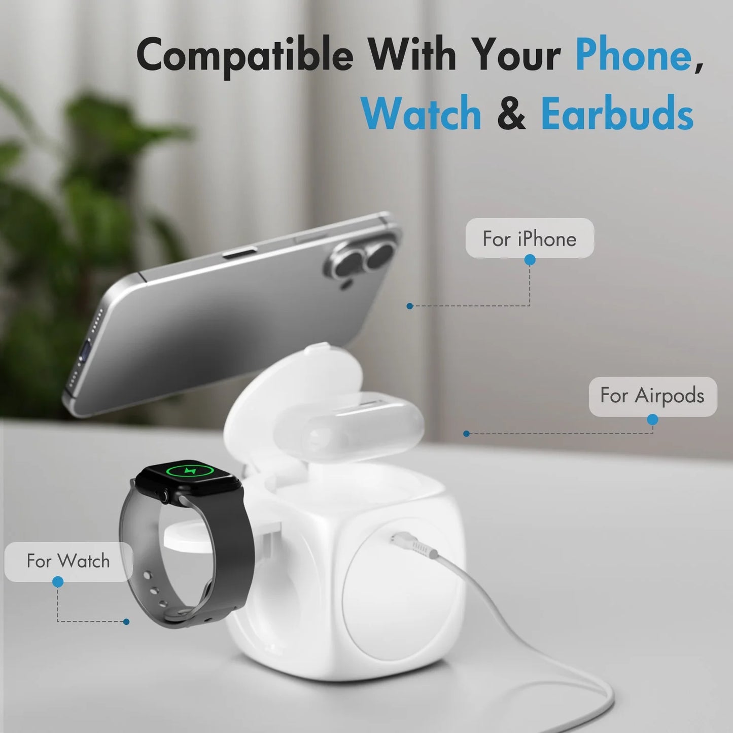 Magnetic Wireless Charger for iPhone Airpods iWatch, Portable 3 in 1 Charging Station Cube For Apple Multiple Devices, Charging Pad Dock Compatible with Apple 12 and above series, White