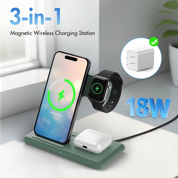 Wireless Charger,3 in 1 Charging Station Compatible for iPhone,Fast Charging Portable Charger Compatible for iPhone 17 16 15 14 13 12 11 Pro Max Mini Plus SE X XS 8 Plus&iWatch,AirPods,Dark Green