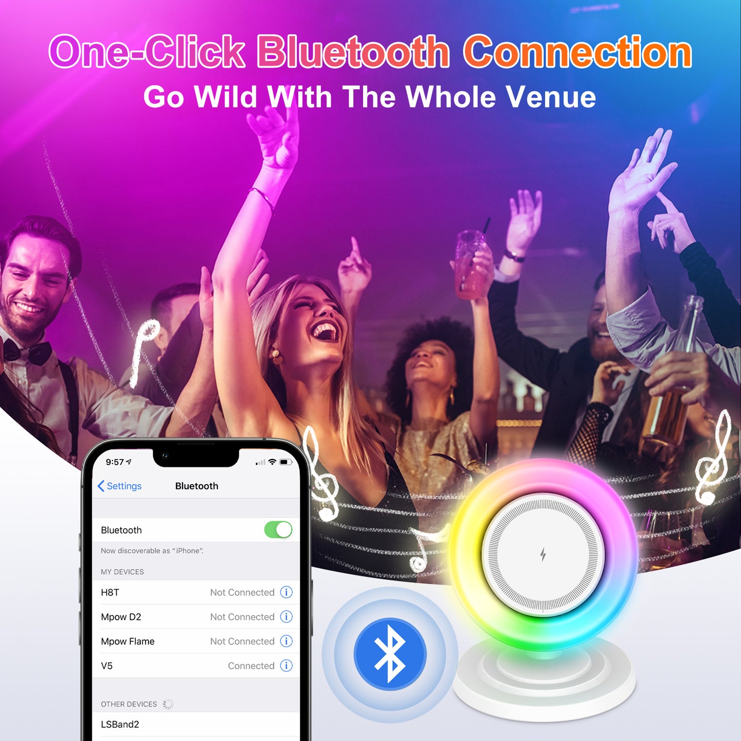 Wireless Charger for iPhone Samsung Huawei,Magnetic Charging Station with Bluetooth speaker and RGB light, Travel Charging Station Compatible with Apple 12 and above series, White